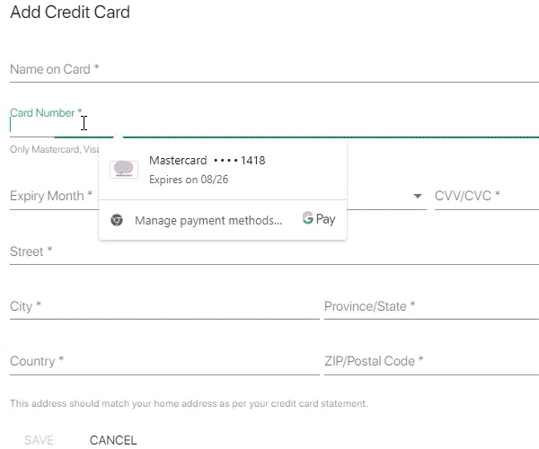 example of adding payment information upon registration