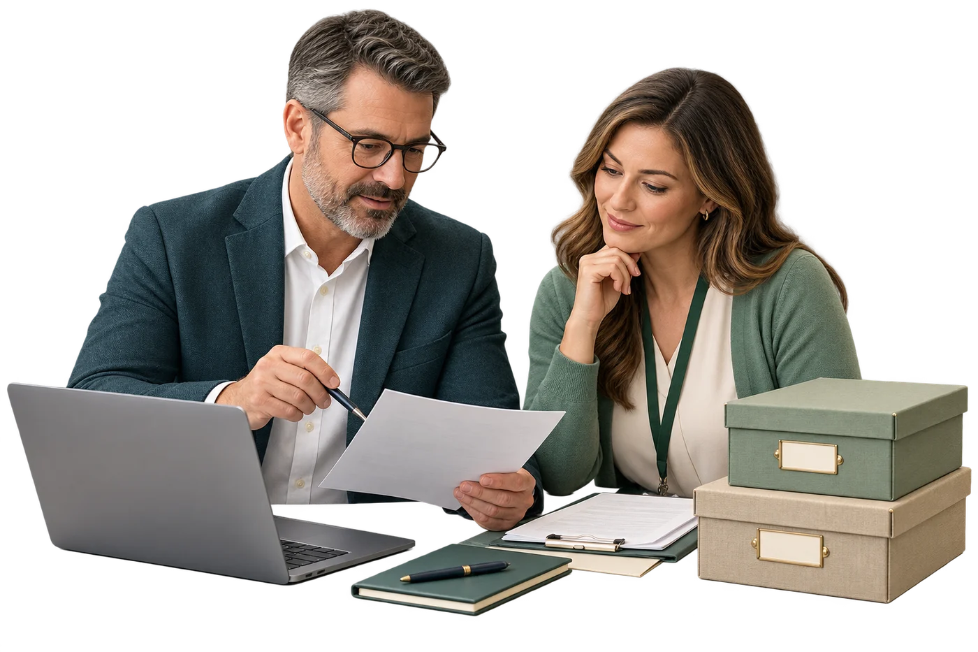 An accountant and school administrator reviewing organised tuition records