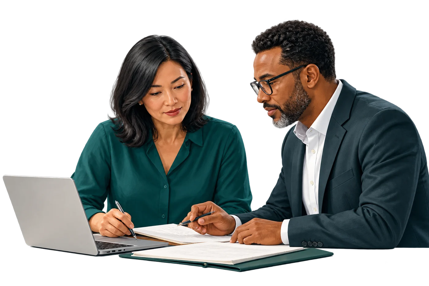 A school operations leader and finance professional reviewing billing work together
