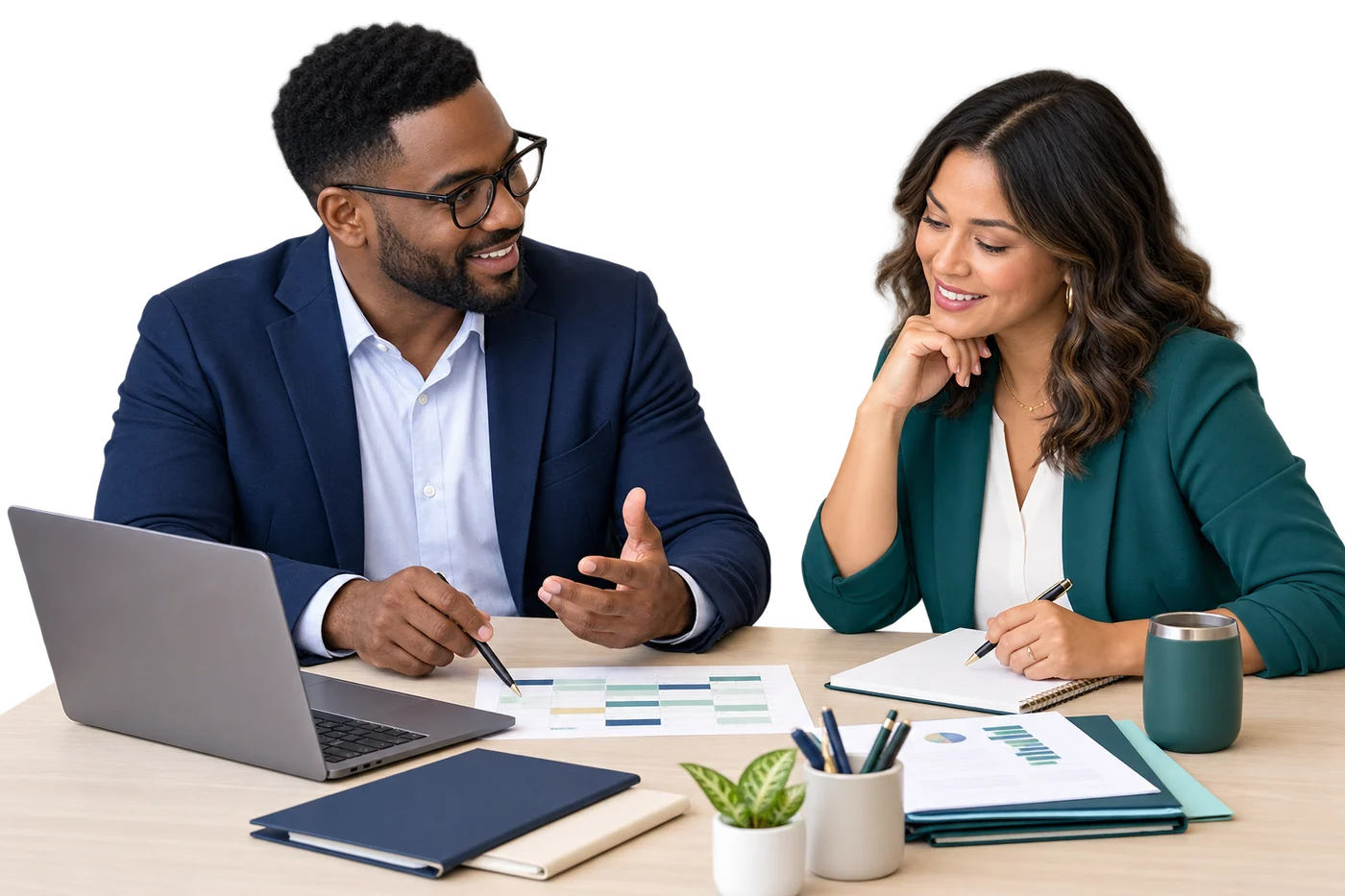 A school consultant and administrator reviewing an implementation plan
