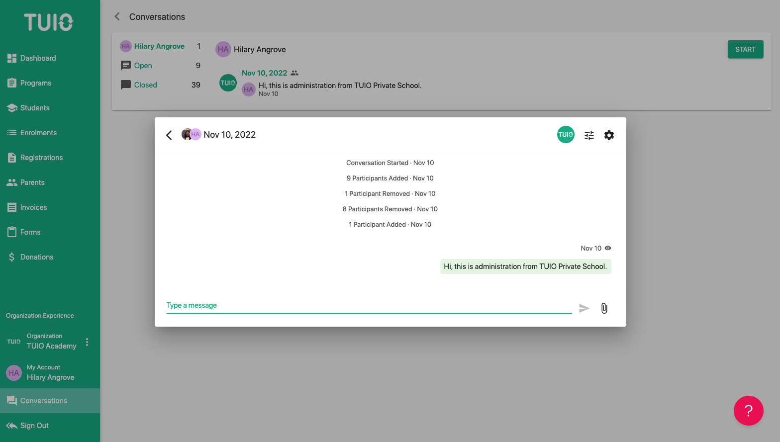The TUIO Conversations screen, with an open message thread beside the list of conversations