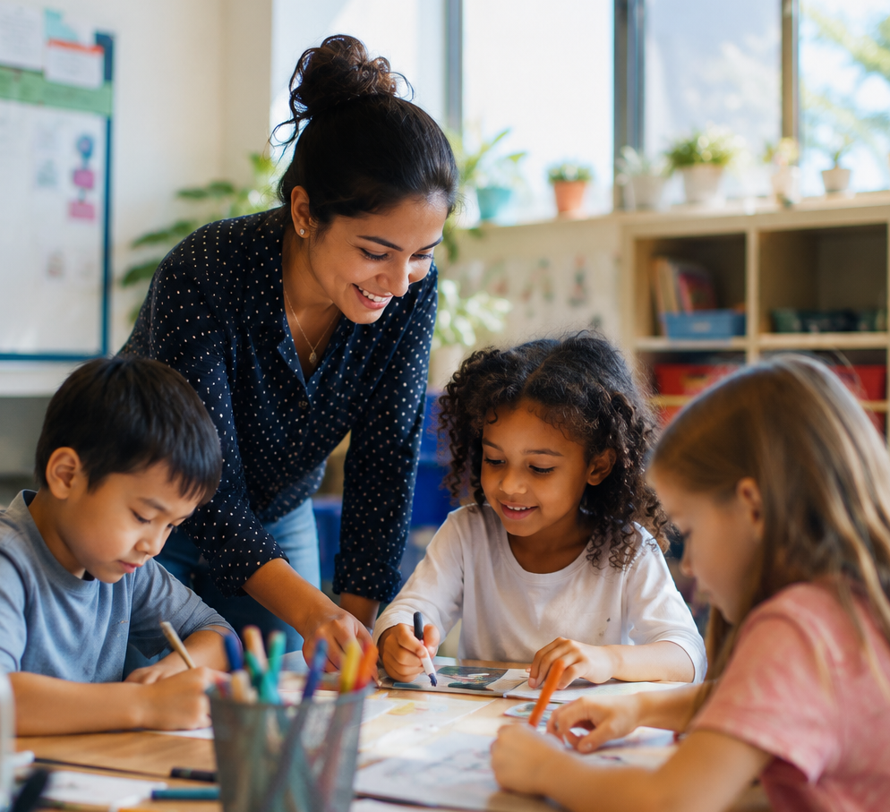 A teacher working with three young students at a classroom table
